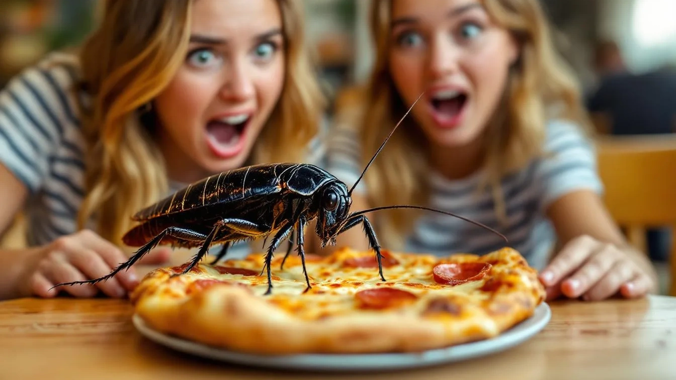Vriendinnen ontdekken kakkerlak met uitgestrekte pootjes in pizza bij restaurant