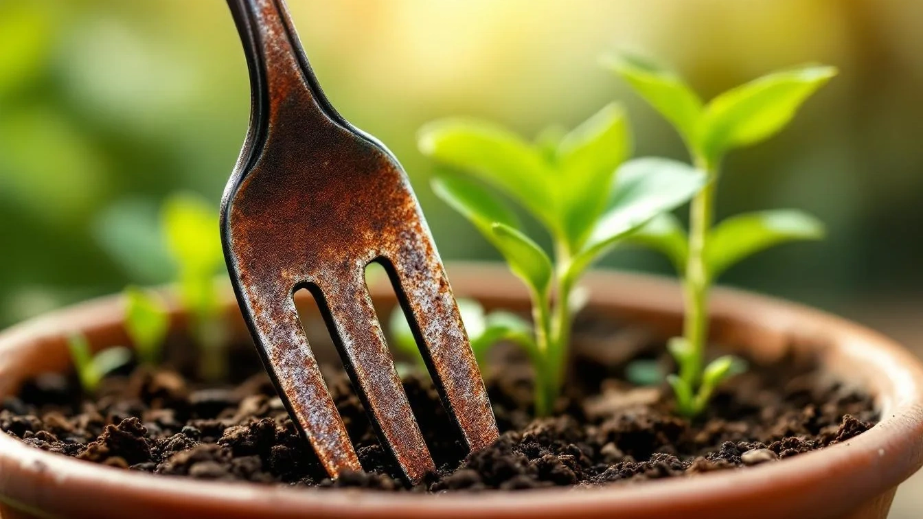 Waarom je een oude vork in de plantenpot moet steken